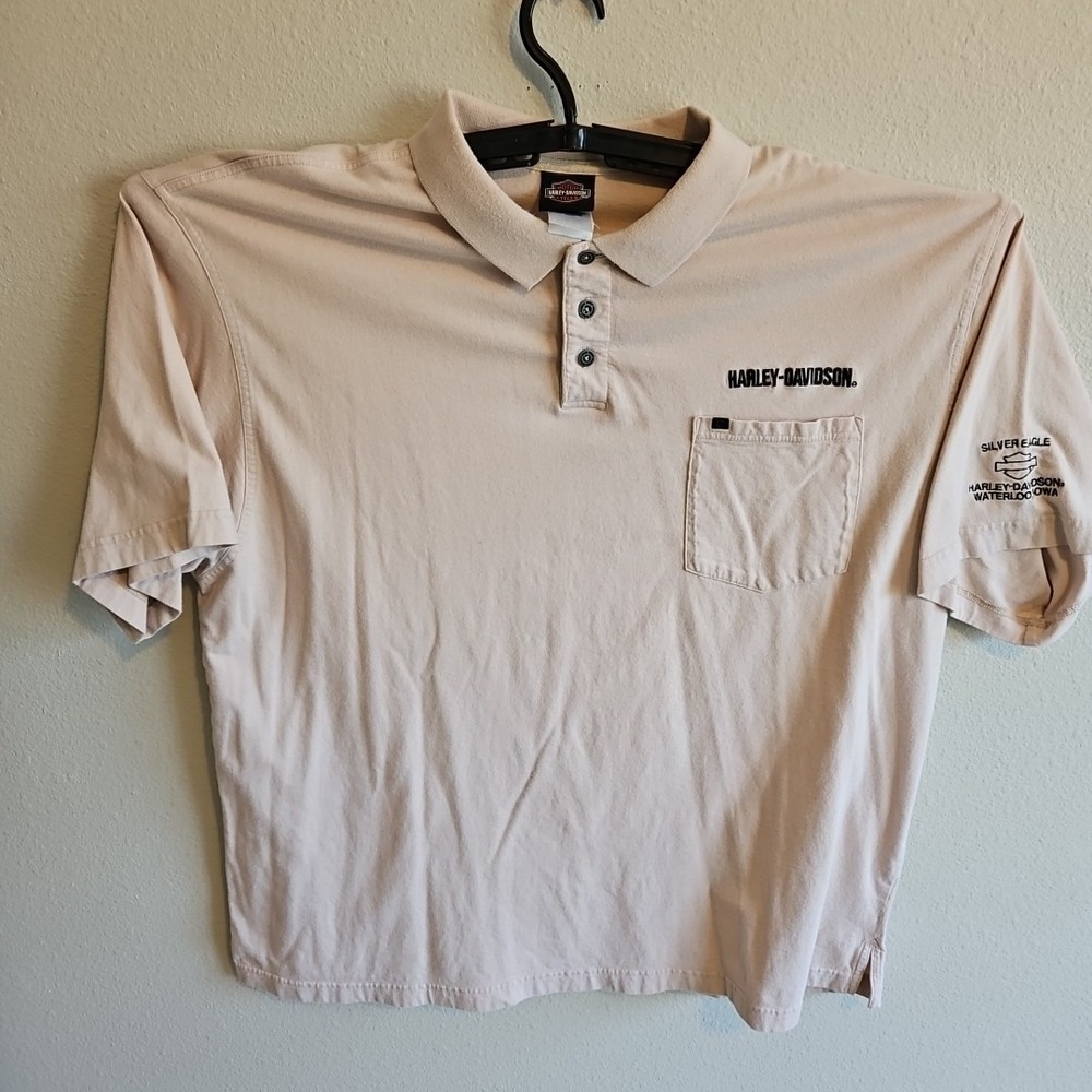 Vintage Harley Davidson Polo Shirt Mens Size 3XL Beige Tan Silver Eagle Iowa